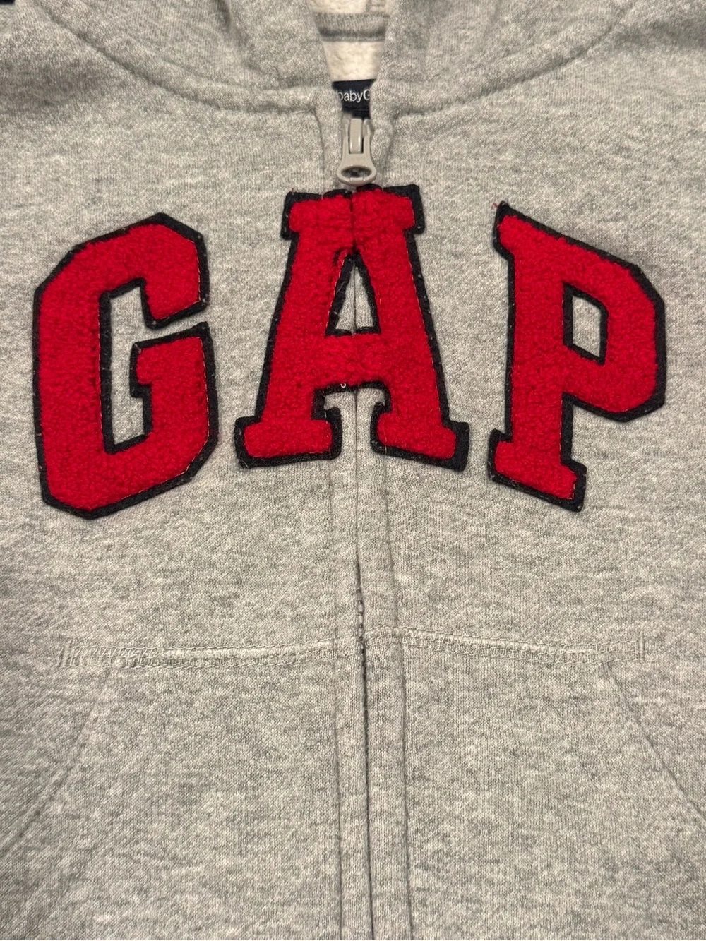 Baby GAP Gray Hooded Zip Sweatshirt with Red Logo and Navy Stripes